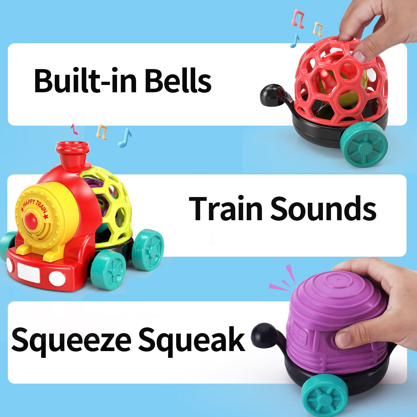 Wanonoo Baby Car Toys for 1 Year Old Boy Gifts, Musical Train Toy for Toddlers 1-3 Soft Rattles Push Developmental Baby Boy Toys for 6-12 12-18 Months Birthday Christmas Gifts for Toddler 1-3