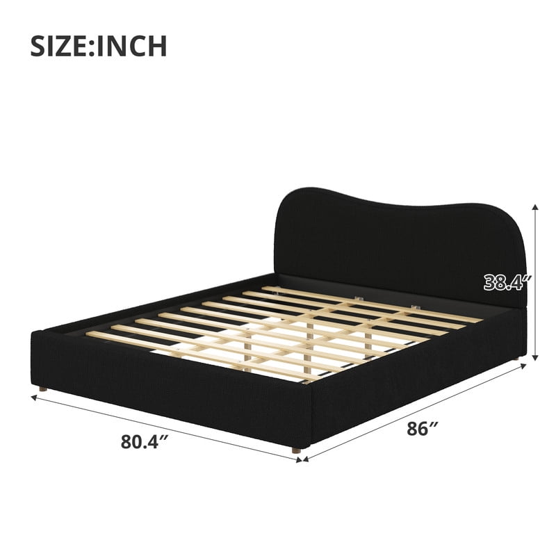 King Size Boucle Upholstered Platform Bed with Wooden Slats, Short Legs Low-Profile Bed Frame with Curved Headboard