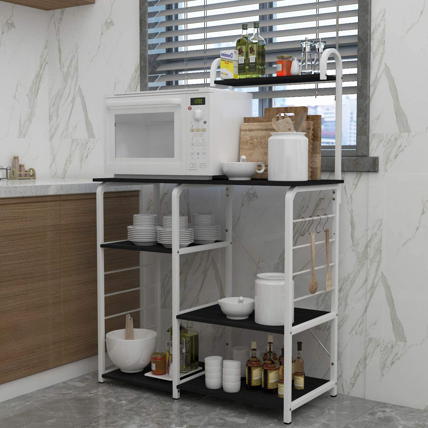 SogesPower Kitchen Stand 4-Tier Storage Shelf with Hooks Microwave Oven  Stand Multifunction Workstation Shelf Black 35.4