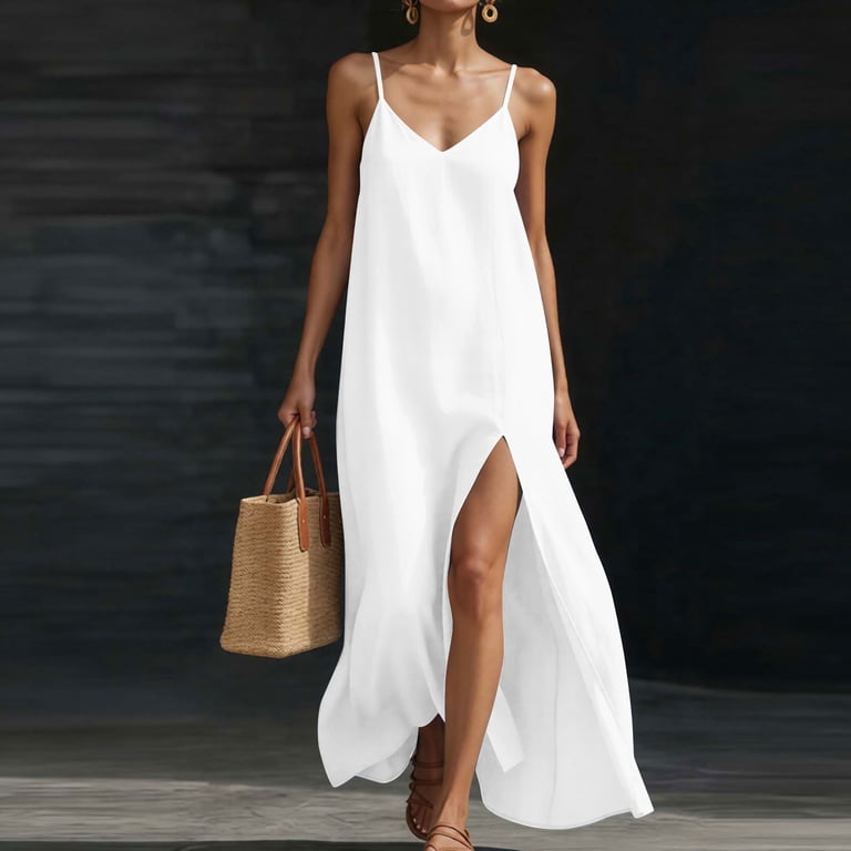 white v neck dresses for graduation asdoklhq Maxi Cocktail Women Midi Dresses Dress Summer Sleeveless Spaghetti Strap Side Split Maxi Dress Casual Loose Beach 2X x-sibling-handle:romi-maxi-dress-garnet