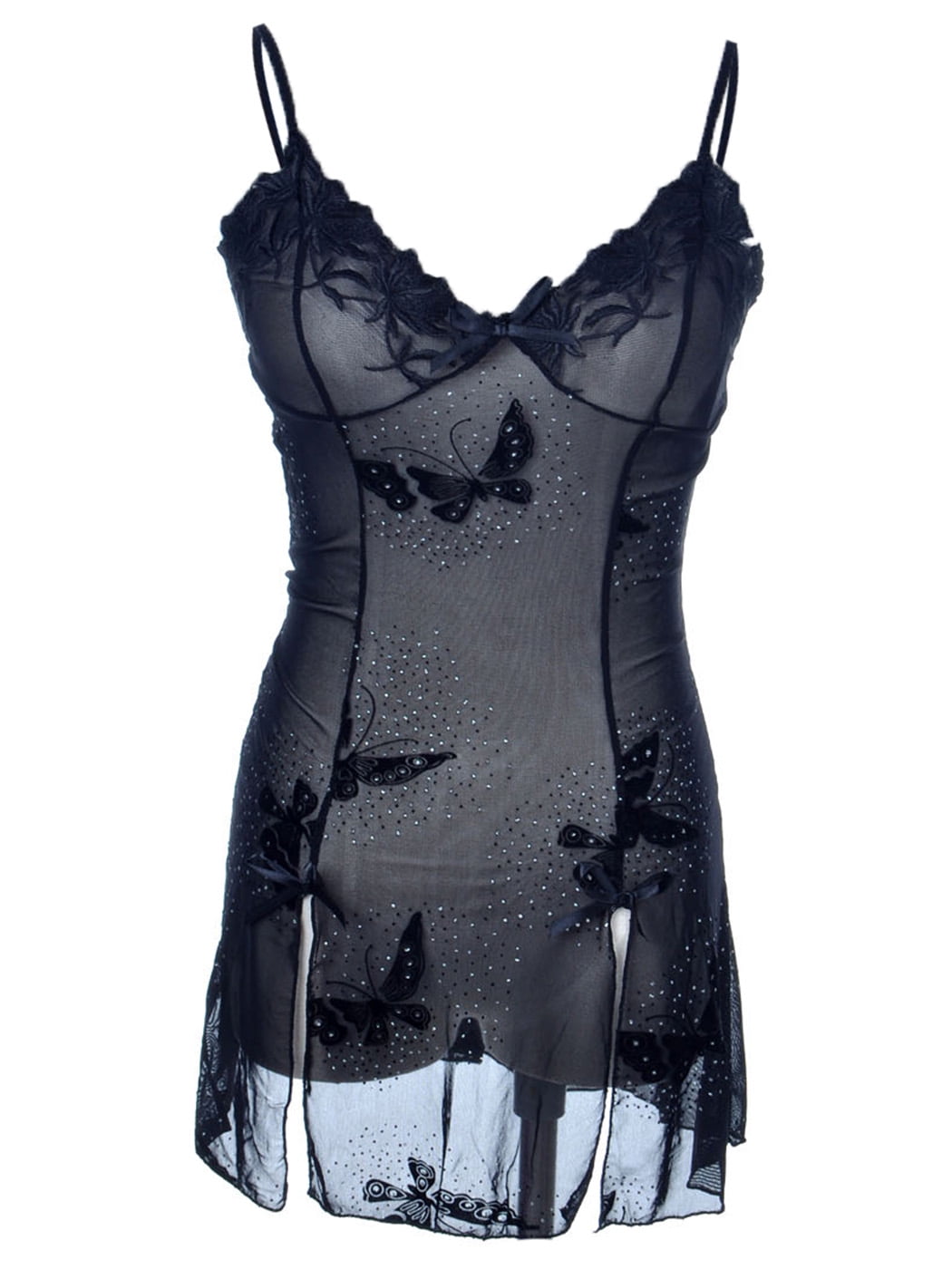 S/M Fit Black Sparkle Butterfly Print Seductive Slit Chemise Thong Set ...