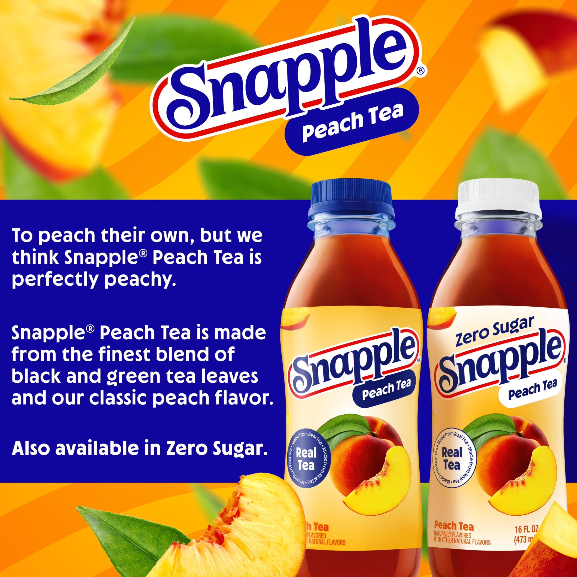Snapple Zero Sugar Peach, Bottled Tea Drink, 16 fl oz, 6 Bottles