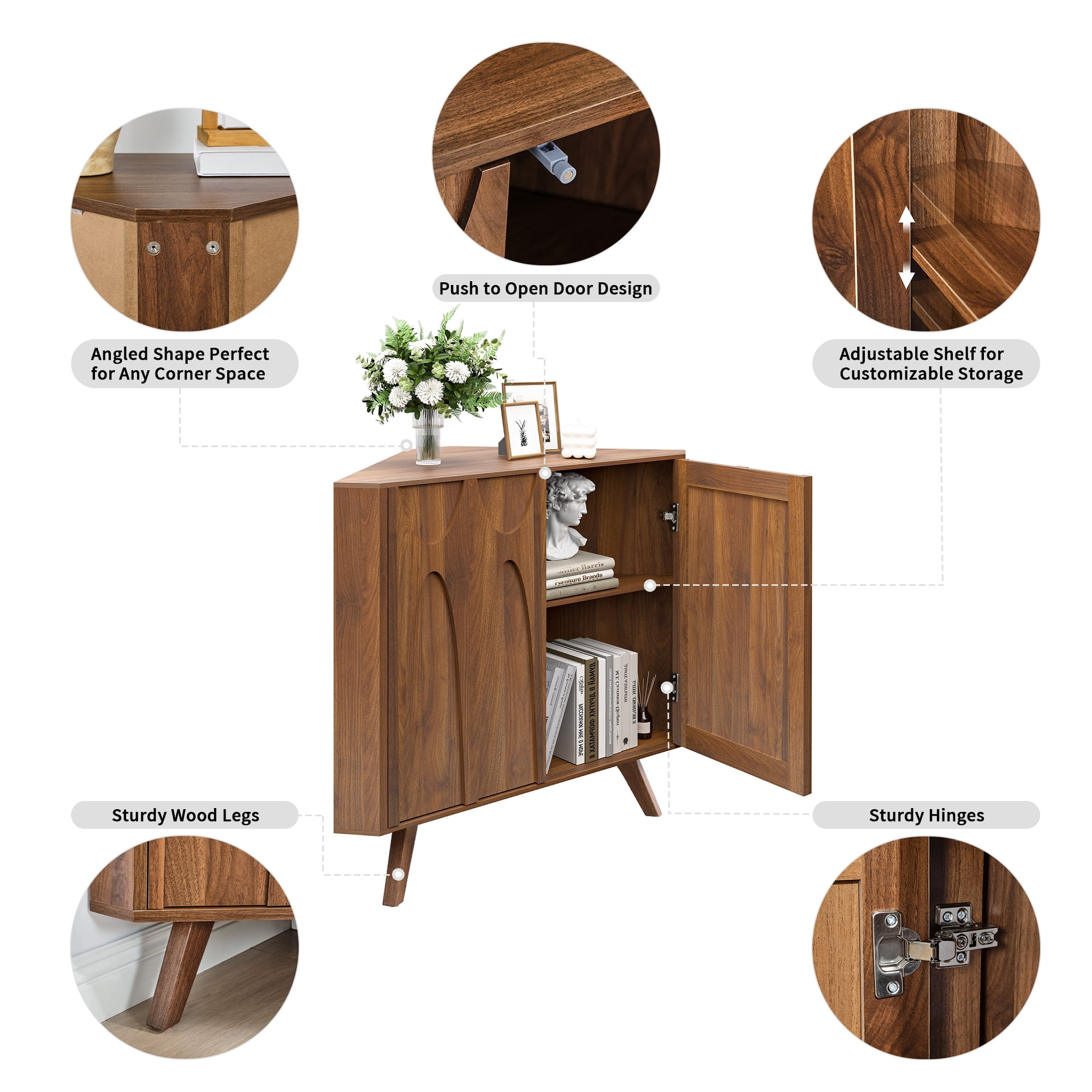 LEFHDA Adjustable Shelf Corner Cabinet with 2 Doors — Freestanding Storage Organizer for Bathroom, Kitchen, Living Room in Brown/Black & Walnut Finishes