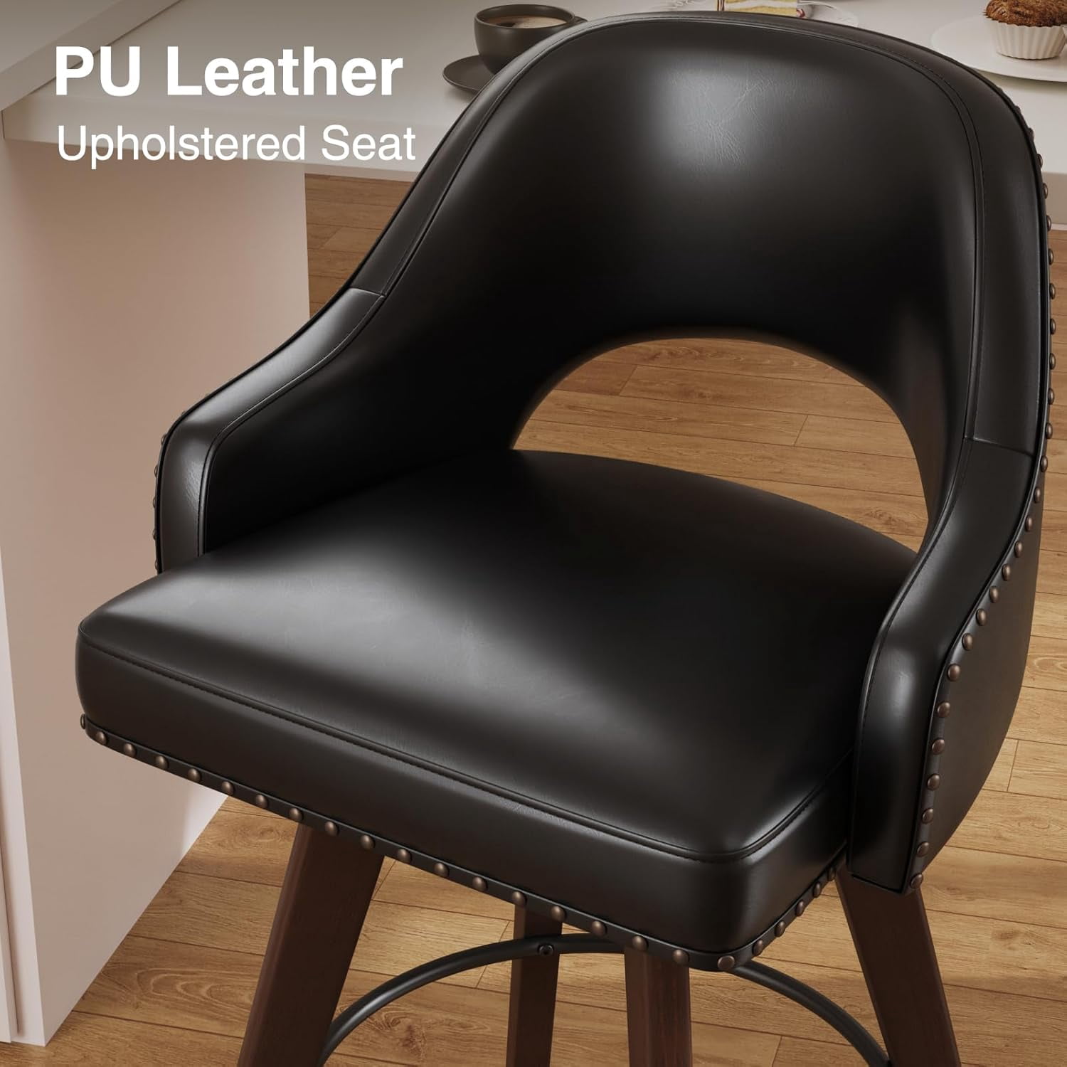 Vabches 24" Swivel Bar Stools Set of 2, Modern Counter Height Bar Chair with PU Leather and Wood Legs for Kitchen Island, Pub Chair with Solid Wood Legs for Kitchen Island Dining Room Pub Counter
