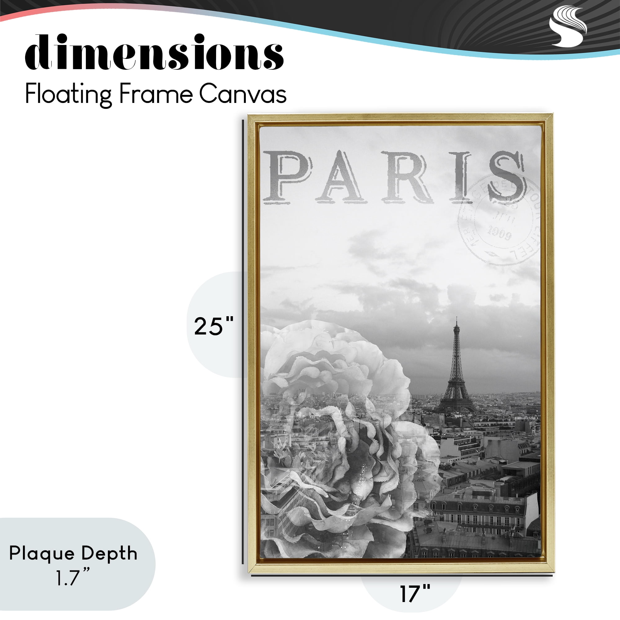 Stupell Industries Paris Postcard in Monochrome Gold Framed Floater Canvas Wall Art, design by Emily Navas
