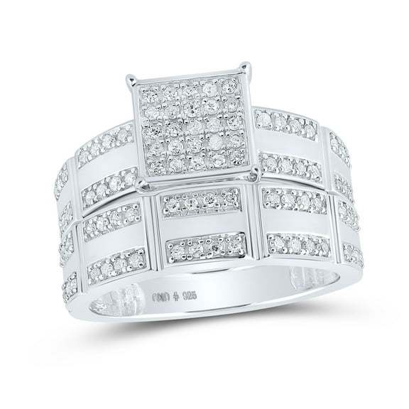 Sterling Silver His Hers Round Diamond Square Matching Wedding Set 1/2 Cttw, Womens Size: 5-10, Mens Size: 7-13