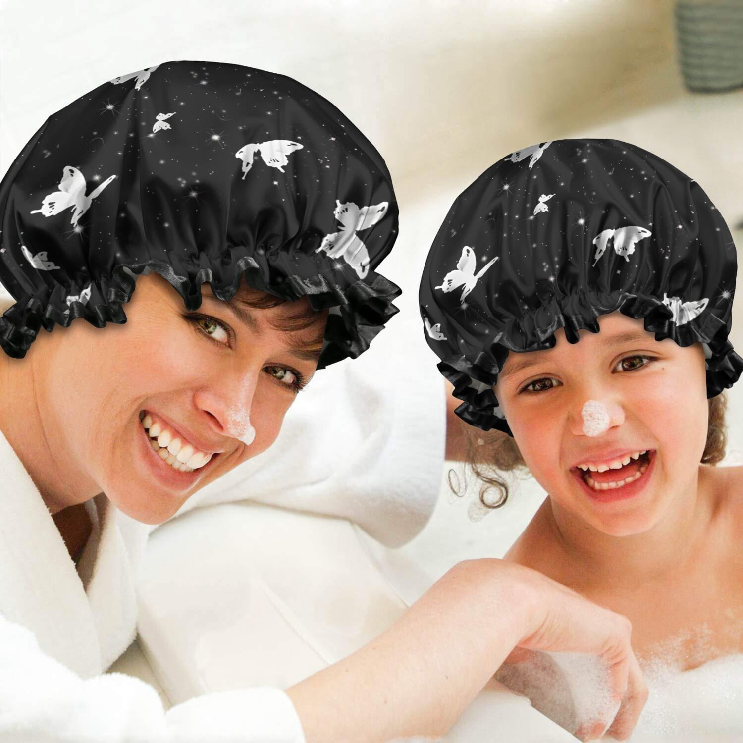 Shower Caps,Black White Butterfly Star Pattern Waterproof Shower Cap for Women 4 Pieces,Double Reusable Hair Cover for Shower PEVA Elastic Stretch Hem