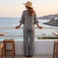 thumbnail image 7 of Women's 2 Piece Linen Matching Set V Neck Ruffle 3/4 Sleeve Button Down Gingham Plaid Top Wide Leg Pants Casual Outfit, L, 7 of 7