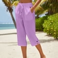thumbnail image 2 of Cotton Linen Capri Pants for Women Elastic Waist Drawstring Buttoned Split Hem Cropped Trousers Loose Fit Casual Pants , #02 Purple, L, 2 of 8