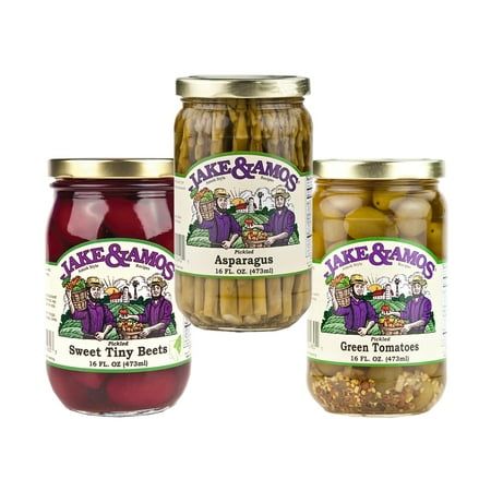 Jake & Amos Pickled Asparagus  Green Tomartoes & Tiny Beets Variety 3-Pack