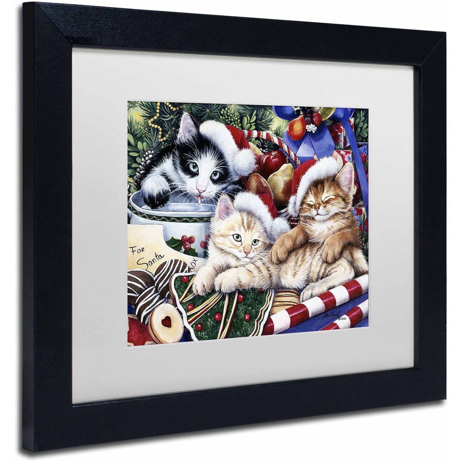 Trademark Fine Art 'Meowy Christmas 2' Canvas Art by Jenny Newland, White Matte, Black Frame