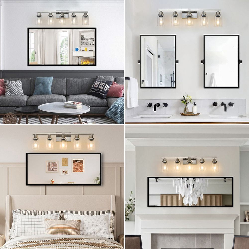 Hi-LIGHTS,Modern 5-Light Bathroom Vanity Light Fixture with Clear Glass Shades & Brushed Nickel Finish,Perfect for Bathroom,Dressing room,Living Room,Bedroom(Brushed Nickel)
