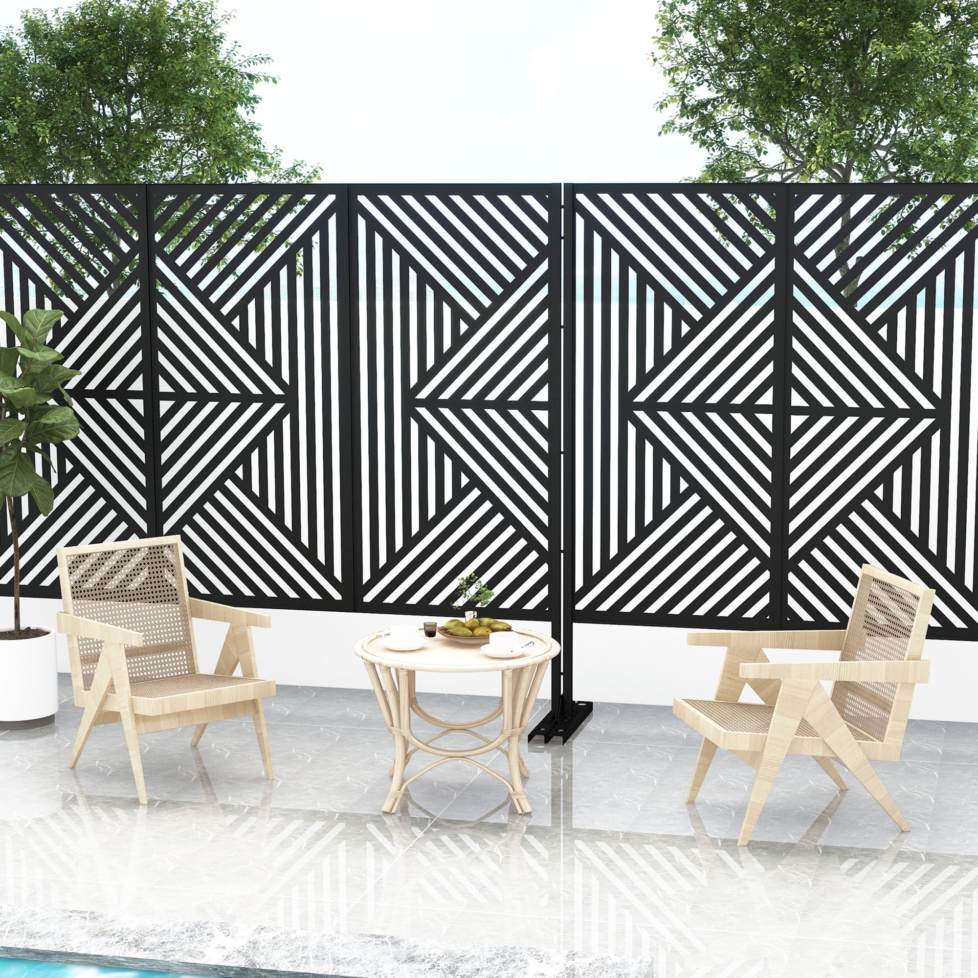 MAYEERTY 72*47" Outdoor Black Metal Privacy Panel Screen for Patio, Mountain Pattern