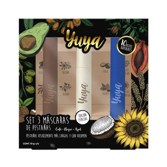 Set 3 máscaras de pestañas 10 aceites naturales (Negra, Café, Azul)