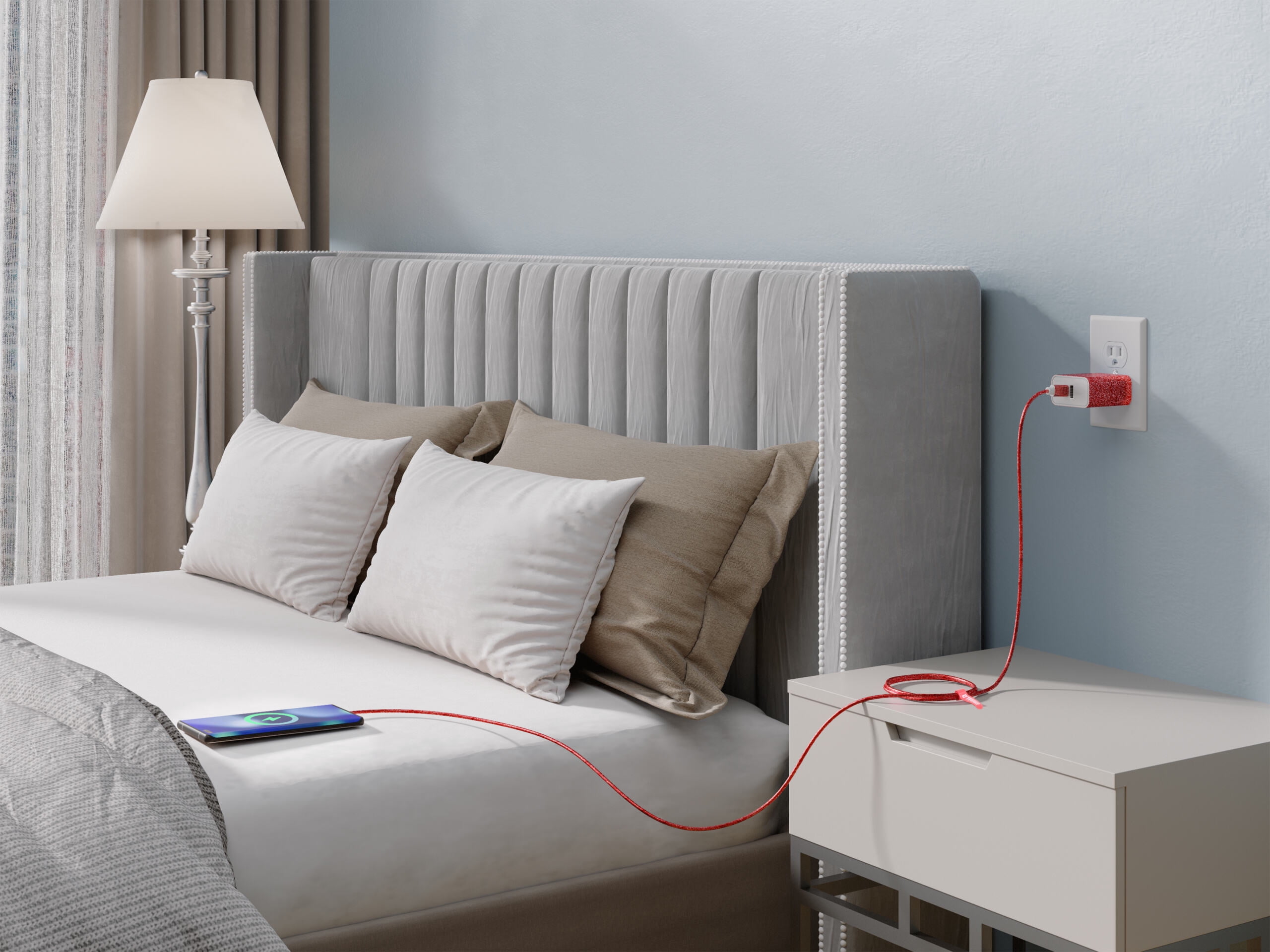 Emerald USB C Charging Cable with 2 Port Wall Adapter, USB C to USB C Cable, Type C Charger, Red, 6’