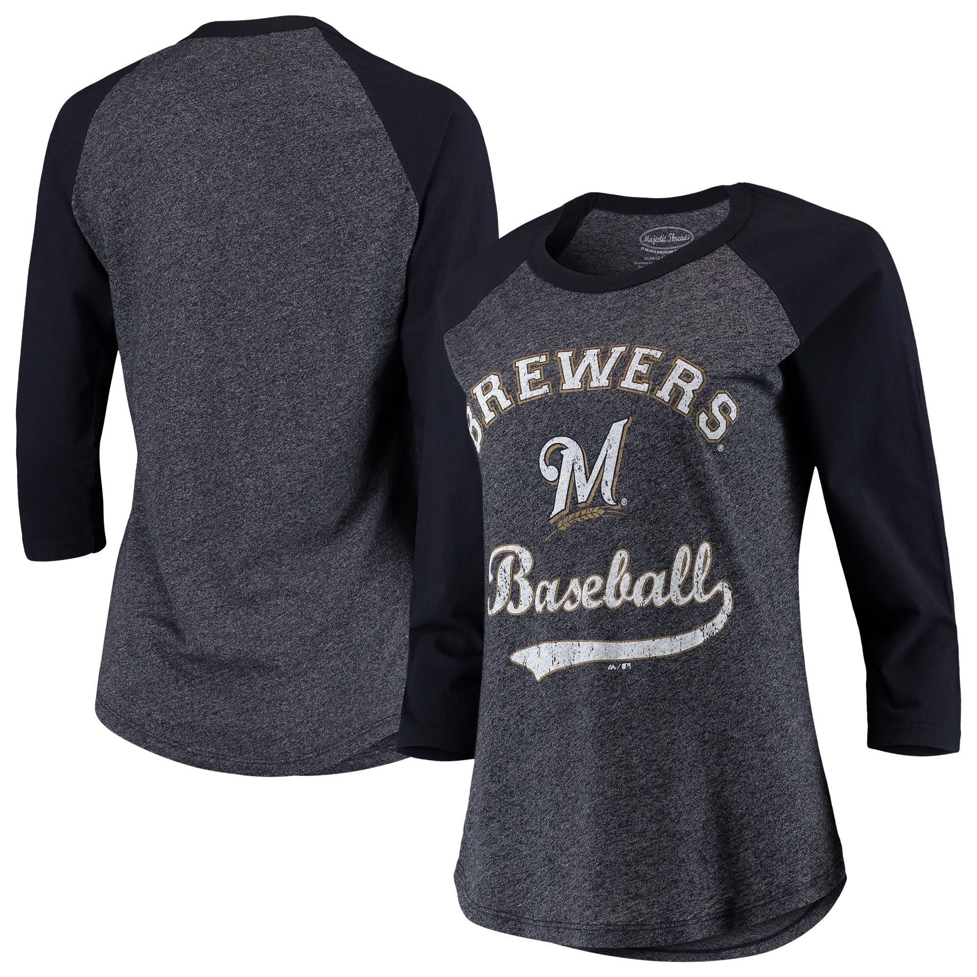 Milwaukee Brewers Majestic Threads Women's Team Baseball Three-Quarter Raglan Sleeve Tri-Blend T