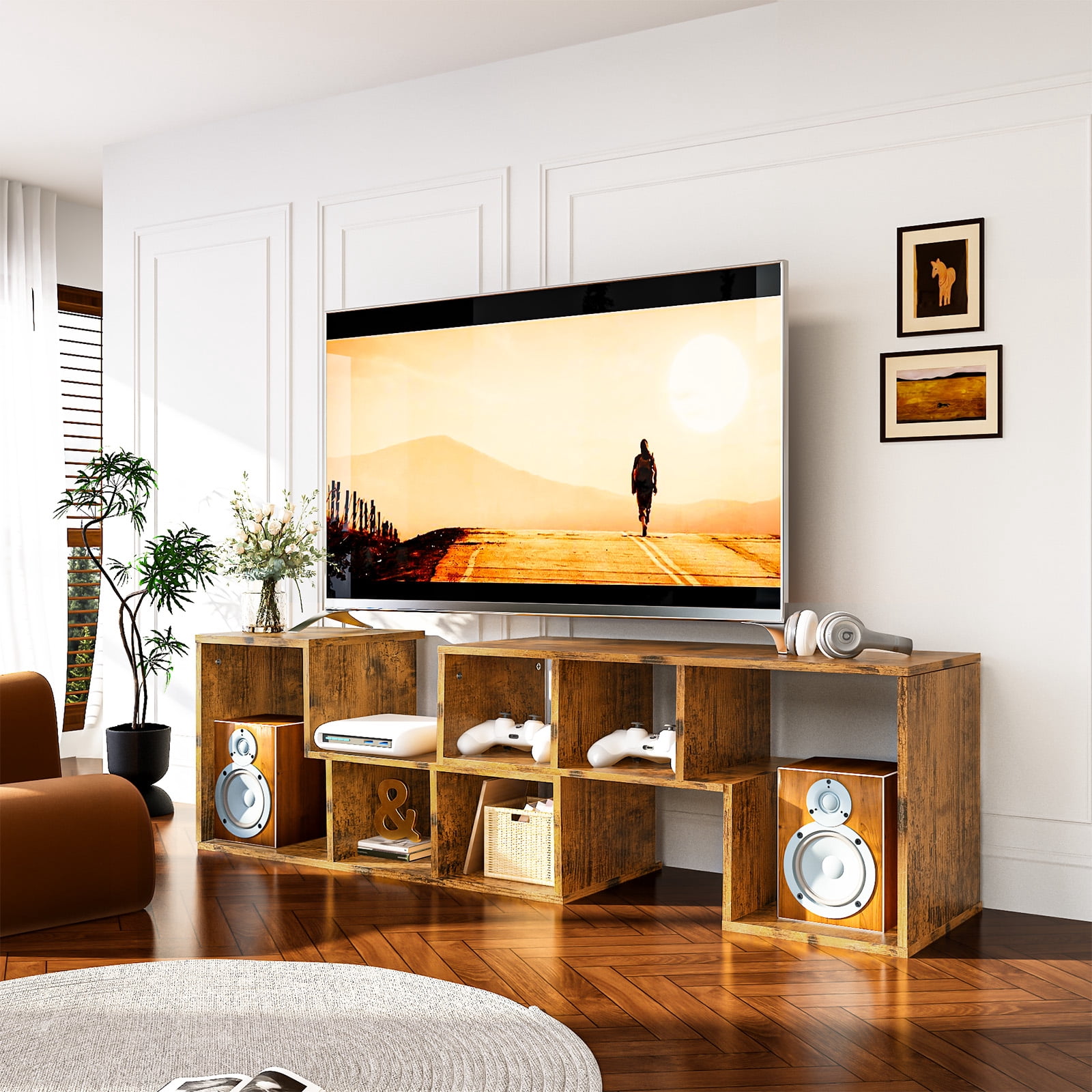 MOOSENG Horizontal Bookshelf, Vintage 2 Shelf Cube Bookcase L-Shaped TV Console Stand, Modern Entertainment Center with Open Storage Shelves for CDs/Movies/Books for Living Room, Bedroom