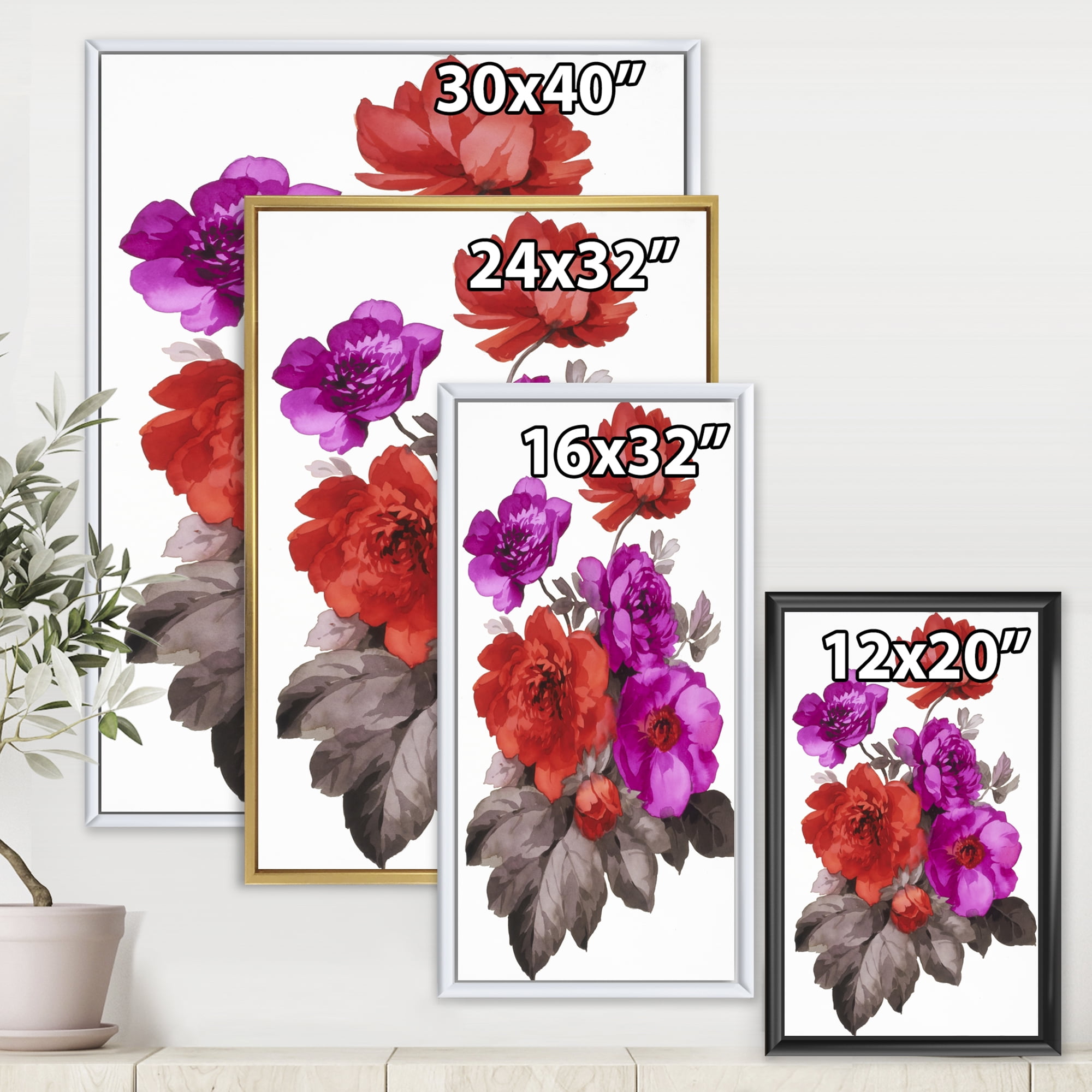 Fuchia and Red Flowers 16 in x 32 in Framed Painting Canvas Art Print, by Designart