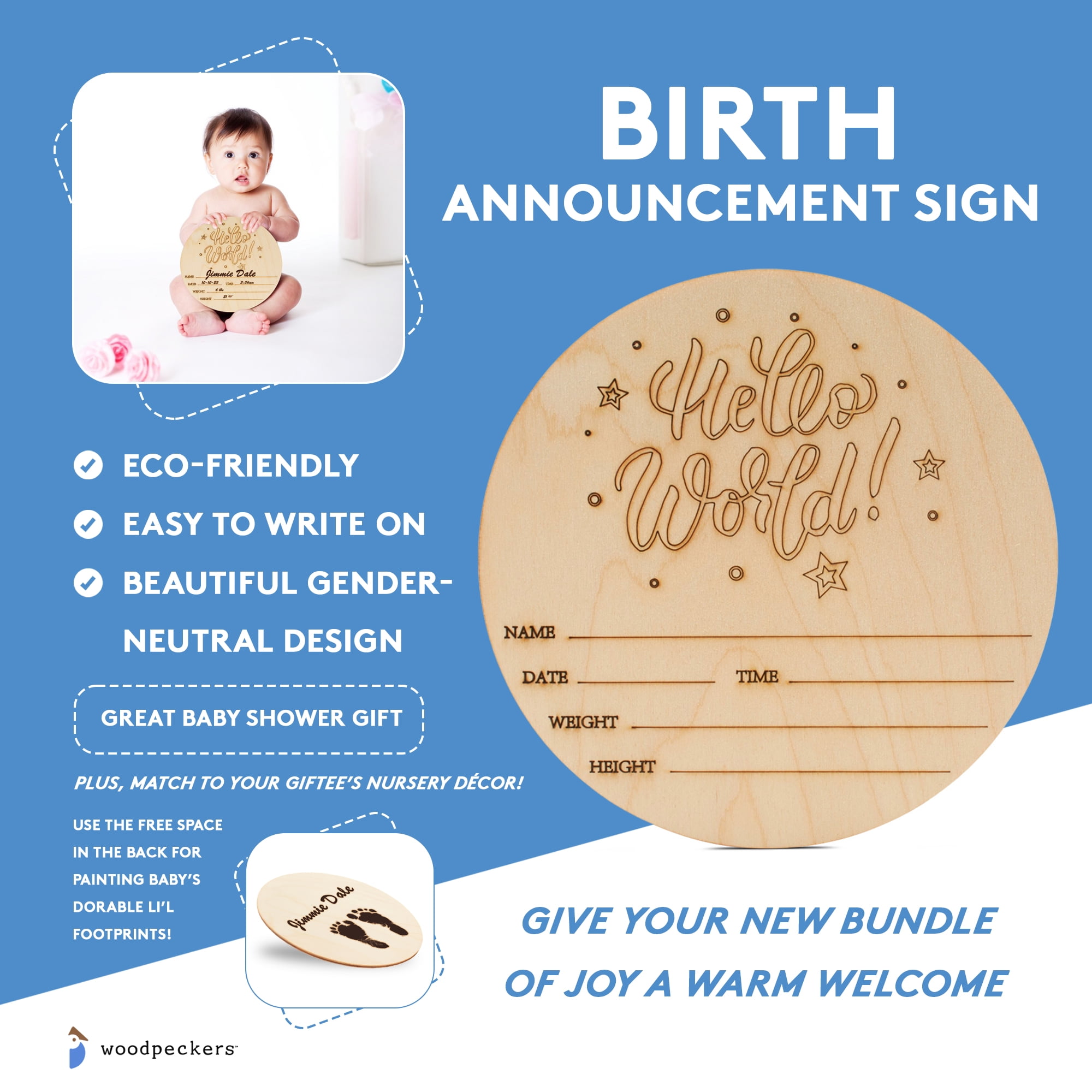 Hello World Newborn Sign 5-1/2-inch, Pack of 10 Birth Announcement Sign for Hospital, Wood Baby Name Signs for Nursery, by Woodpeckers
