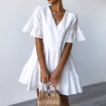 thumbnail image 1 of Nouvelle Robe de Shift Mignon des Femmes avec des Poches Manches Cloche Ourlet Volants V Cou Tunique Swing en Vrac Mini Robe, 1 of 2