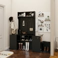 thumbnail image 2 of Farmhouse 4-in-1 Hall Tree with Barn Doors, Movable Bench with 7 Hanging Hooks and Shoe Storage Cabinet, 76.9"H Entryway Coat Rack with 6 Brake Wheels for Hallway, Living Room, Black, 2 of 15
