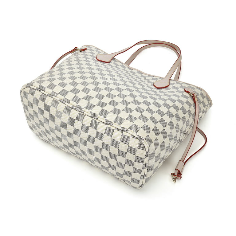 RICHPORTS Checkered Tote Shoulder Bag with inner pouch - PU Vegan Leather  （White） 