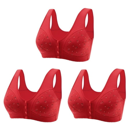 LMKIHUSA Daisy Bras for Women 3PC Front Closure Bras for Seniors Push Up Everyday Bra Floral Pattern Non-Steel Ring Comfortable Bra for Seniors Red XXXL