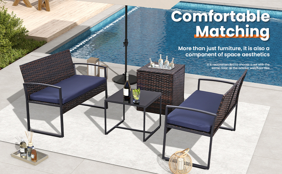 FHFO 4 Piece Outdoor Patio Furniture Set,Wicker Conversation Sets Patio Sofa Couch with Built-in Beverage Cooler Storage Box & Coffee Table for Outside, Garden, Balcony, Porch,Brown/Blue