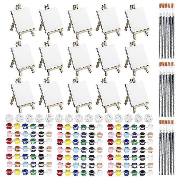 2025 15 Set Mini Canvas And Easel Set, 4 X 4 Inch Mini Canvas And Stretched Easel + Acrylic Paints + Brushes + Palettes