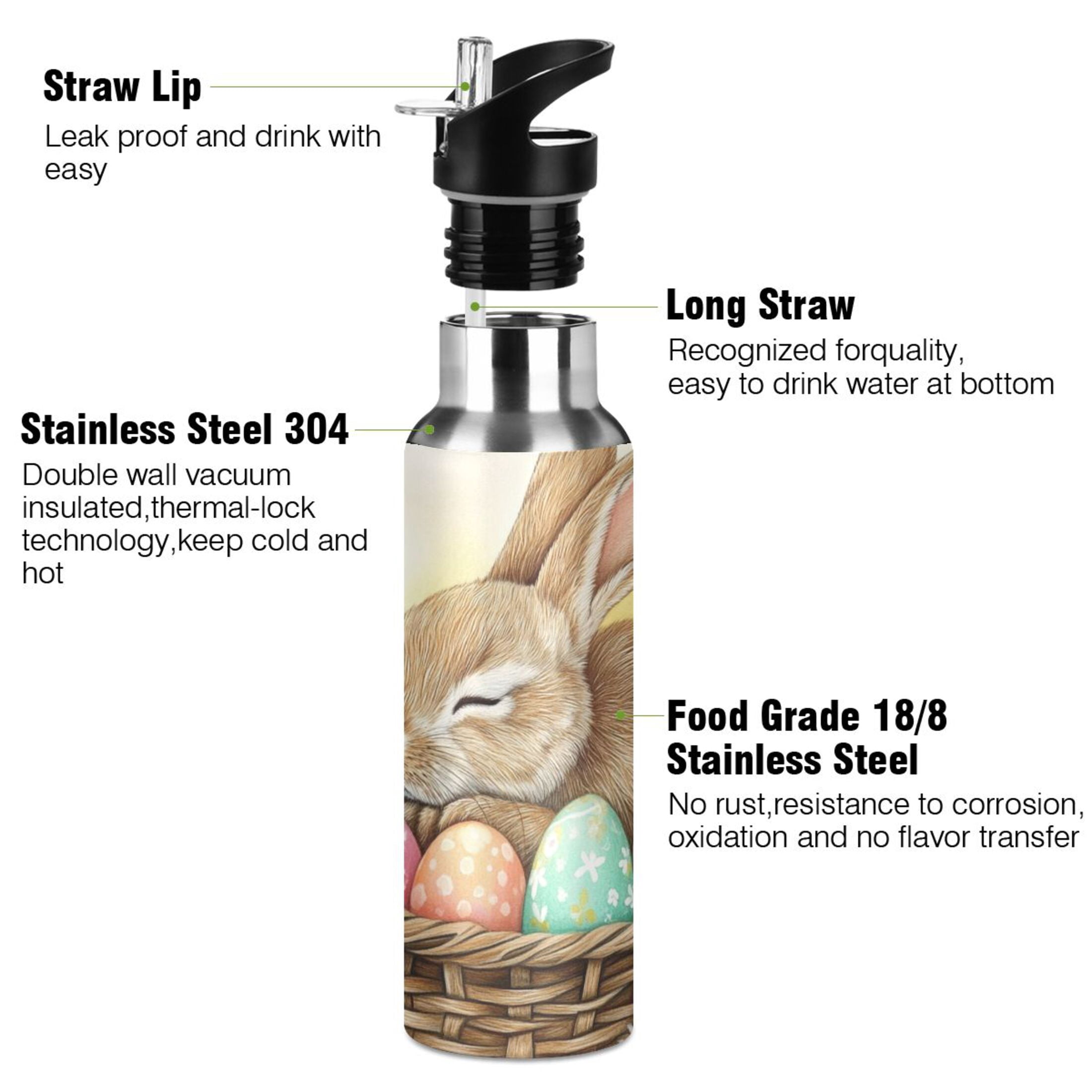 Rabbit Sleeping in Easter Basket Eggs Sports Bottle with Straw Stainless Steel Water Jug Portable Thermal Cup Leak-proof 1000ML