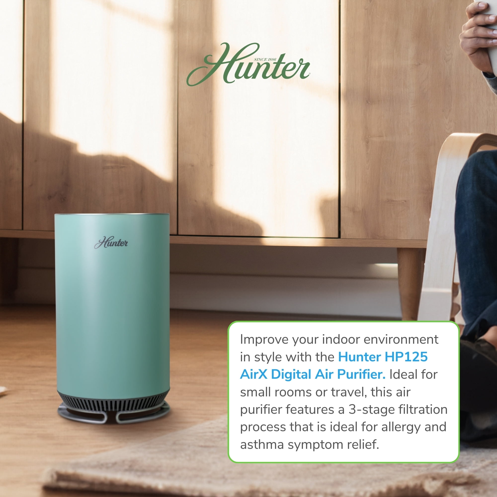 Hunter HP125 AirX EcoSilver HEPA Digital Air Purifier for Small Rooms, Graphite