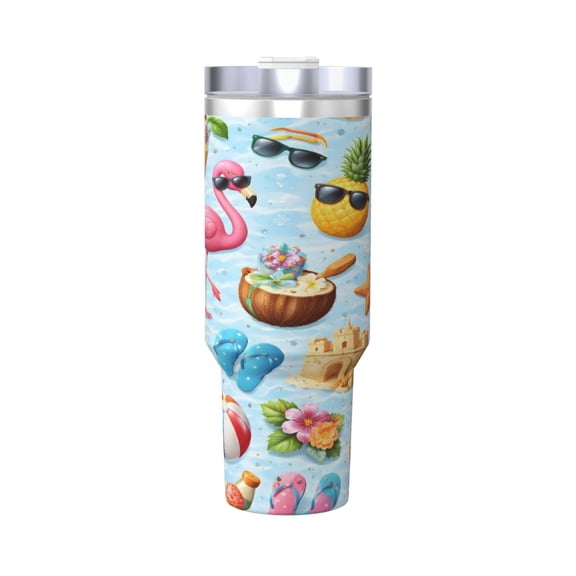 Summer Flamingo Cup Insulated Tumbler Stainless Steel Vacuum Travel Mug 40 oz with Handle and Straw Lid