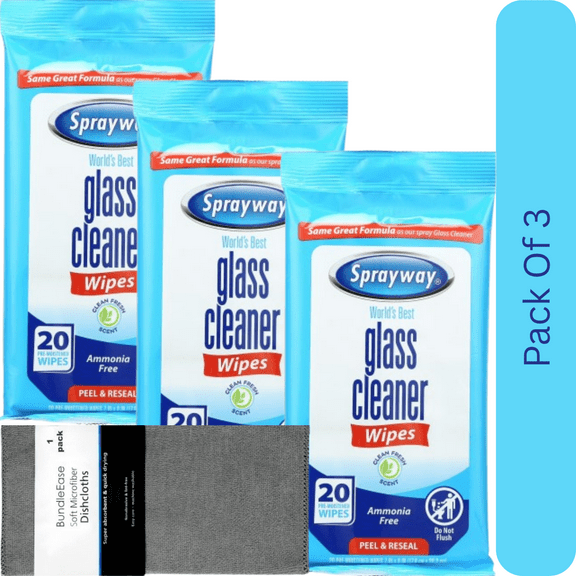 Sprayway Glass Cleaner Wipes, Pack of 20 with Microfiber Solid Color Towel by BundleEase