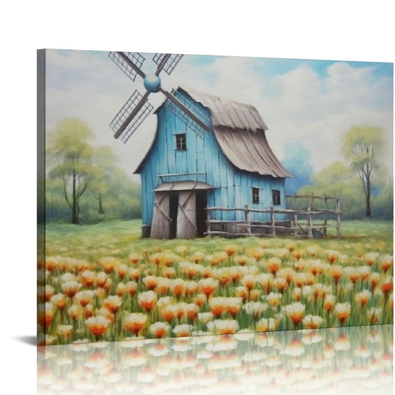 COMIO Teal Barn Canvas Wall Art: Rustic Barn Bathroom Decor Old Barn Pictures Wall Art Framed for Farmhouse Bedroom Ready to Hang