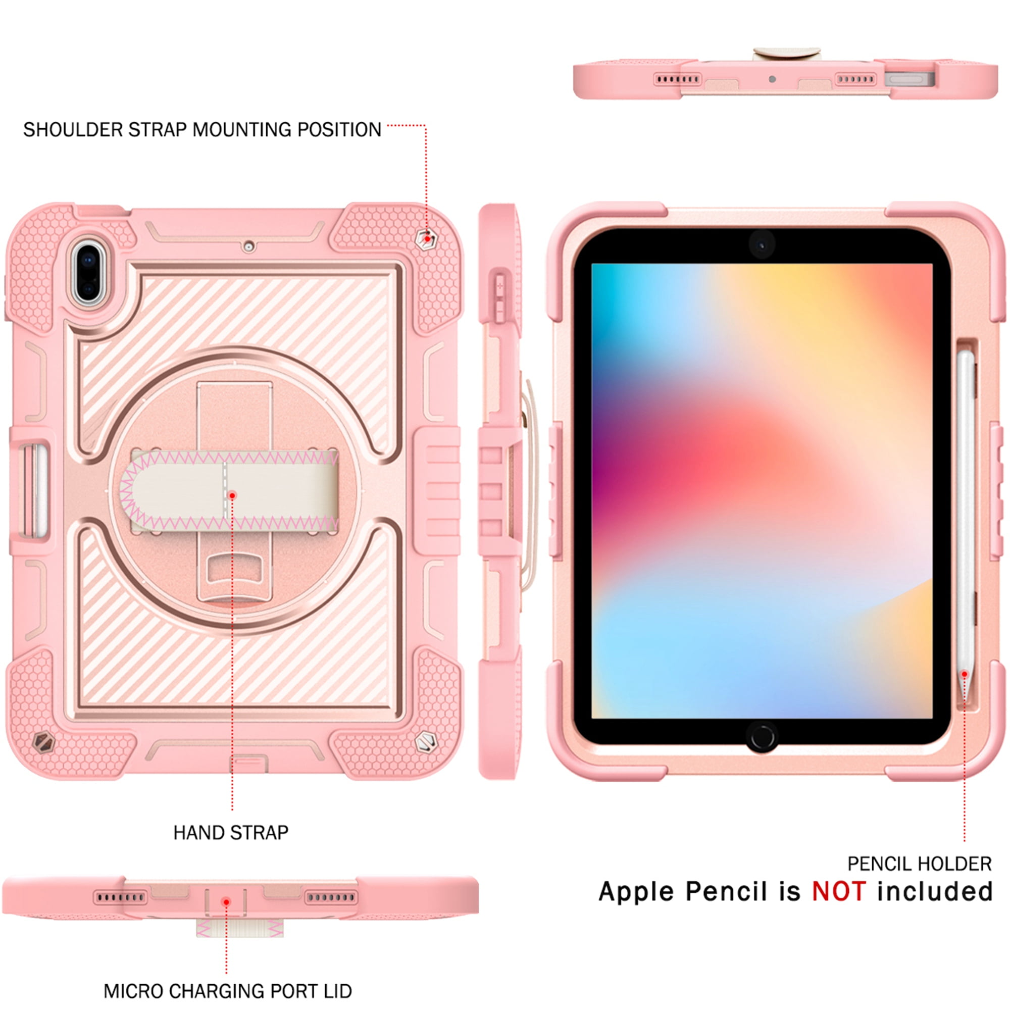 Dteck Heavy Duty for iPad 10th Generation Case with Screen Protector Film,  2022 iPad 10.9 inch Case with Crossbody Shoulder/Hand Strap Rotatable  Stand, Hybrid Shockproof Rugged Shell,Rosegold 