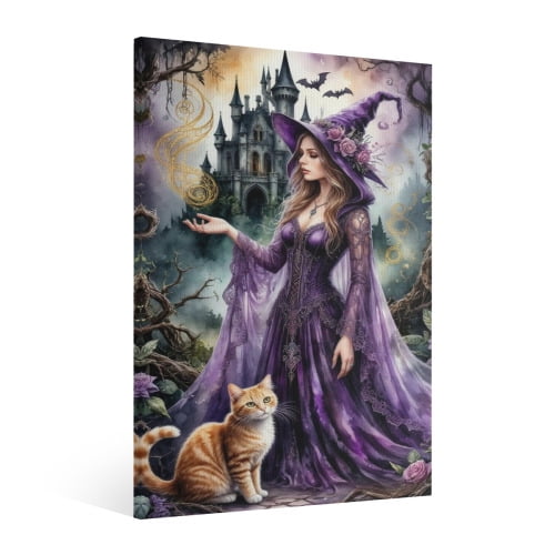 Vintage Halloween Cat and Witch Canvas Wall Art Painting,Horror Creepy Dark Poster, Halloween Gothic Artwork Picture Print Decor, Spooky Ghost Wall Decor for Bar Living Room Bedroom Party Framed