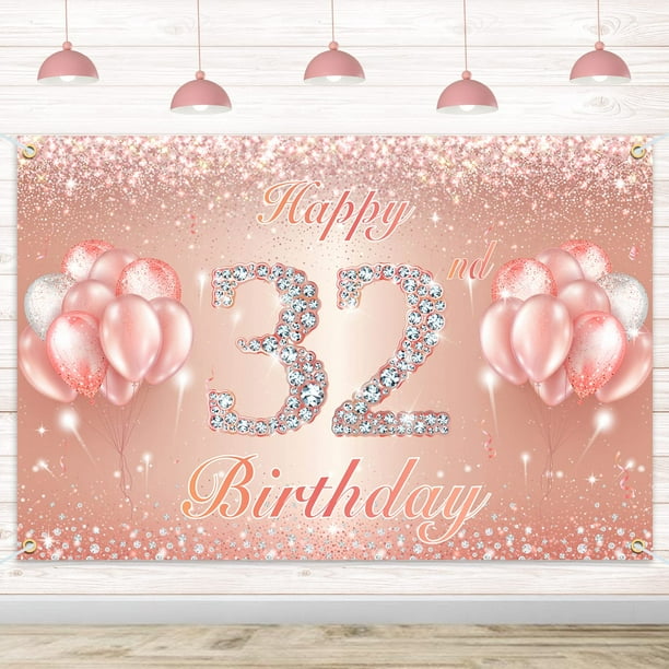 Fondo De Cartel De Feliz Cumpleaños Número 32 - 32 Suministros De Decoración Para Fiesta De Cumpleaños Para Mujeres O Hombres - Oro Rosa 4 X 6 Pies