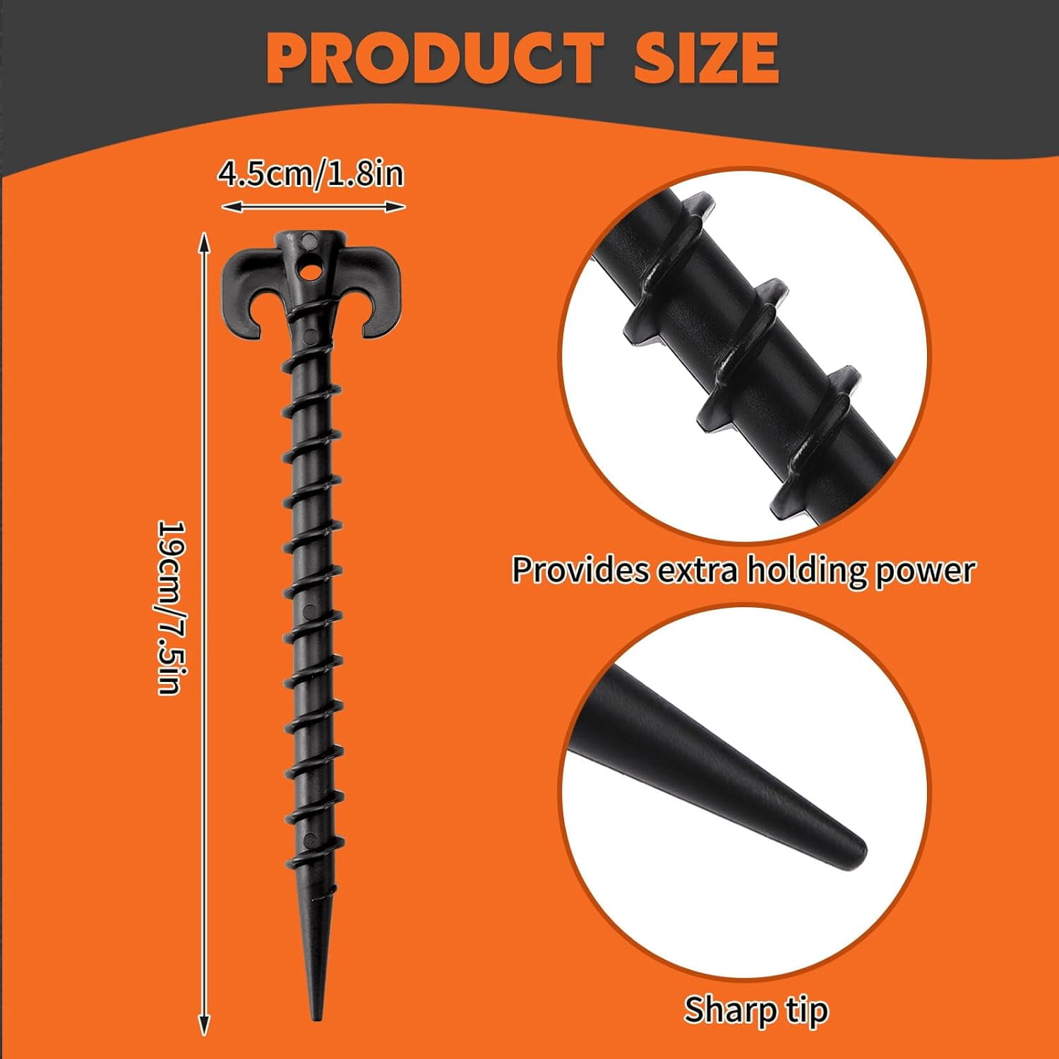 8 Pack Piquets De Tente En Plastique Noir Robustes - Vis En Spirale - Ancrages Pour Plage, Camping Et Usage Extérieur