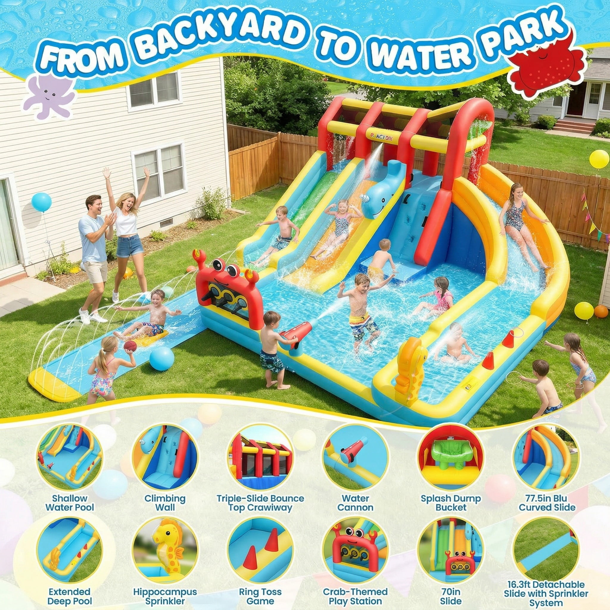 Veeboto Inflatable Water Slide with 750W Blower, Water Park Featuring 3 Slides, Pool, Water Cannon, Ball Net, Ball Hoop, Ring Toss Pole, Climbing Wall, Bounce House for Ages 3-12