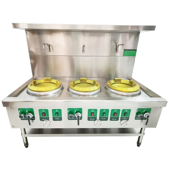 3 Burner Commercial Gas Wok Gas Stove High Temperature Stove Cooking Range LPG and Natural Gas Chamber Burner with Safe Baffle 110V 13" Furnace Head