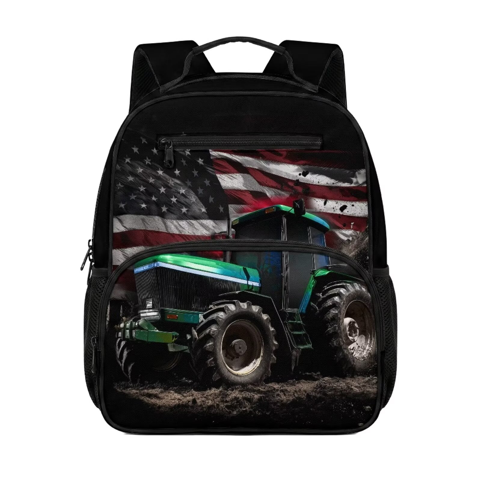 Jeiento Truck Toddler Backpack 13.5" for 2-6 Years Old, American Flag Preschool Bookbag with Large Compartment & Mesh Side Pockets, Lightweight Kids School Bag for Daycare Outdoor