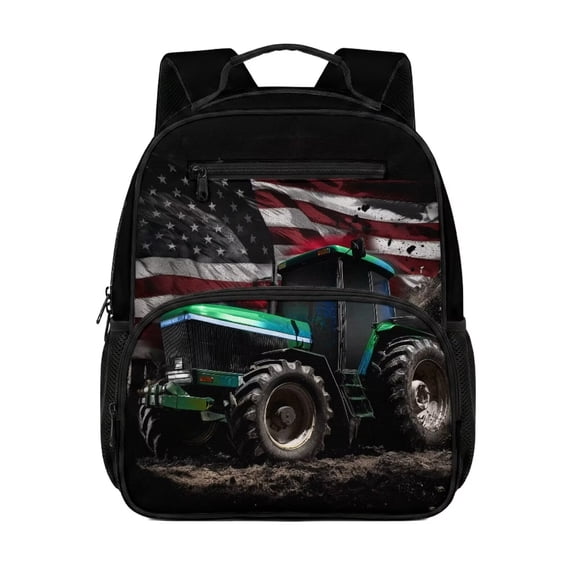 Jeiento Truck Toddler Backpack 13.5" for 2-6 Years Old, American Flag Preschool Bookbag with Large Compartment & Mesh Side Pockets, Lightweight Kids School Bag for Daycare Outdoor