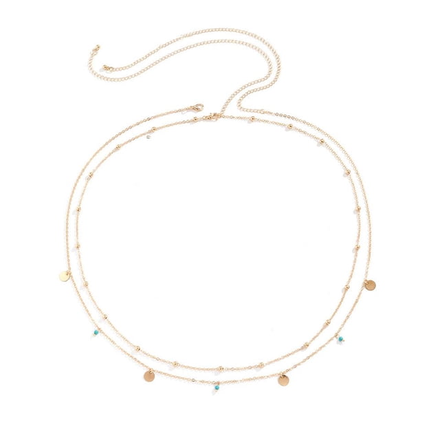 Boho Minimalism Double Layer Waist Beads - Golden & Silvery, 75+5cm, Iron Chain with Turquoise