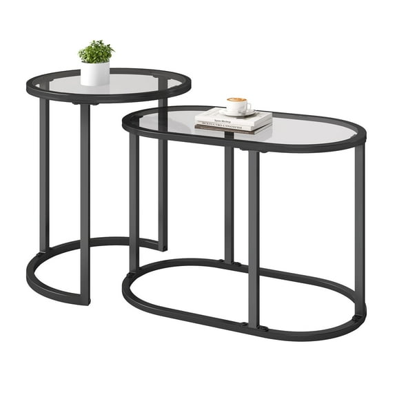 Permory Glass Coffee Table Set of 2, Black Modern Side Table, Accent Nesting Center Table for Living Room