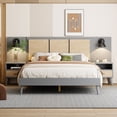 thumbnail image 2 of Luxurious Queen Platform Bed Frame, Solid Wood Headboard with 2 Built-in Wall Sconces & Nightstands, 3-Piece Set Queen Bed Frame for Living Room, Gray, 2 of 9