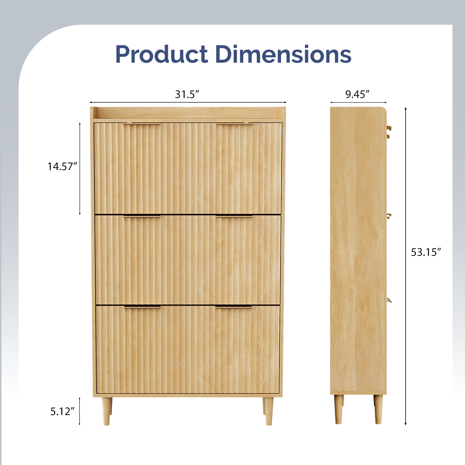 3-Drawer Shoe Cabinet with Top Grille Panel MDF Door Panels with Thermoforming + Champagne Gold Door Seams and Handles + Conical Legs for the Shoe Cabinet, 31.61*14.17*52.95in, Oak