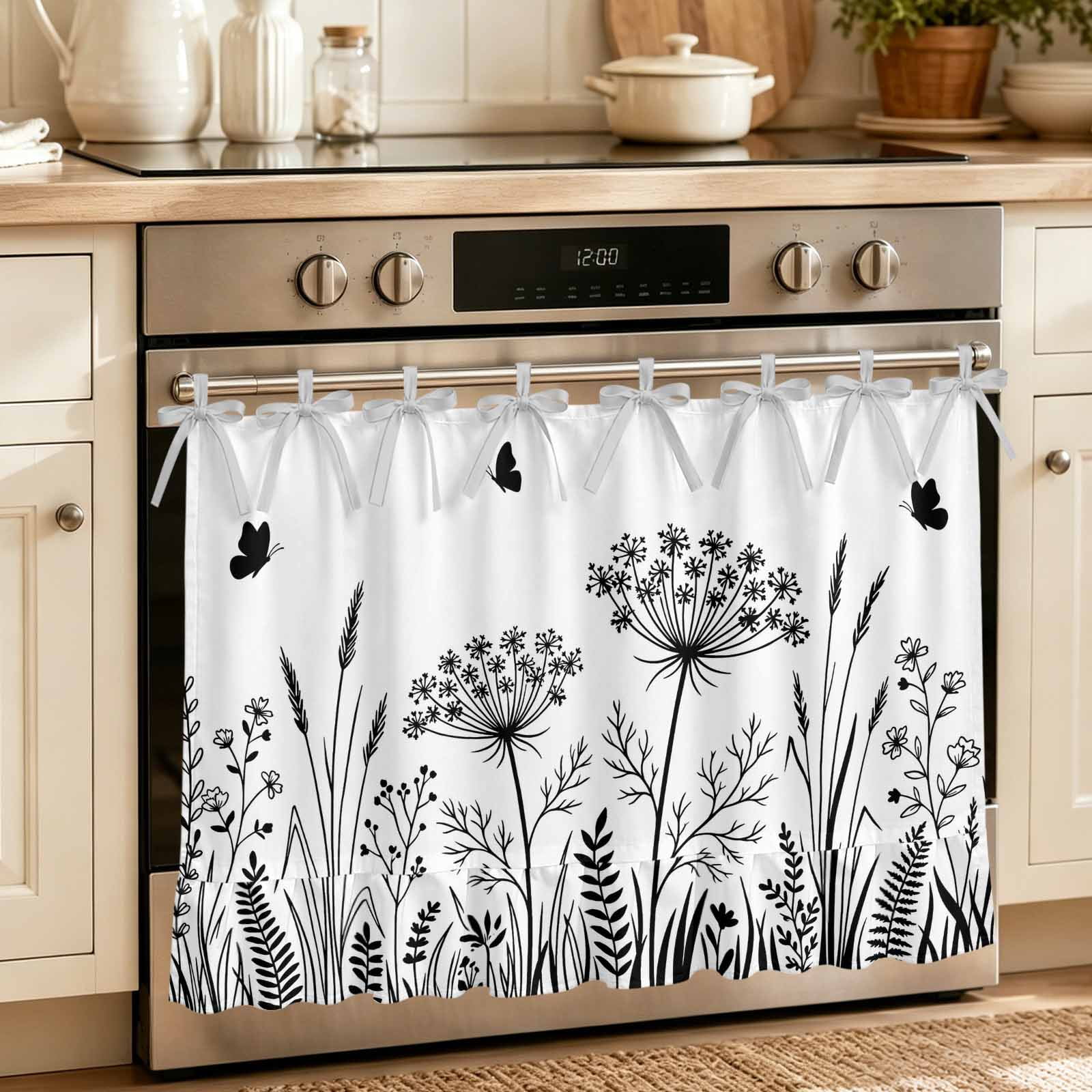 Oven Curtain for Kitchen Watercolor Pastoral Flower Butterfly Stove Curtain With Ruffled Trim Dishwasher Curtains Rustic Black Botanical Oven Skirt 32 x24