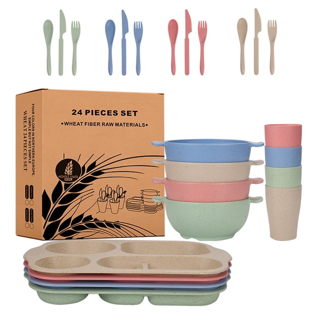 Nvzi 24Pcs Wheat Straw Dinnerware Cutlery Sets, Divided Plates Unbreakable Bowl Microwave Dishwasher Safe Tableware Cutlery -Multicolour C