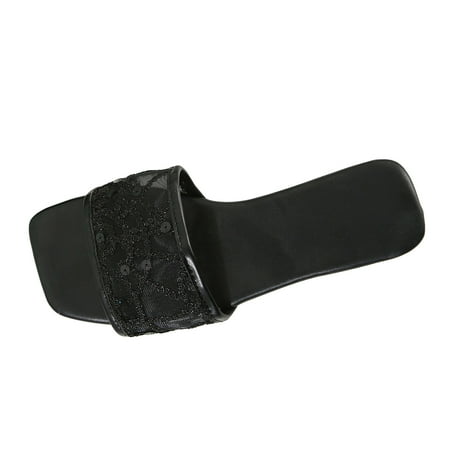 

GWAABD Slippers for Women Ladies Fashion Summer Sequins Decorated Breathable Mesh Square Toe Flat Beach Slippers