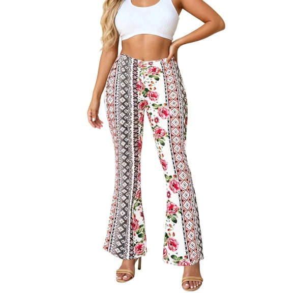 Women's Print Stretch Bell Bottom Flare Palazzo Pants High Waist Boho 70s Lounge Yoga Pants Red L